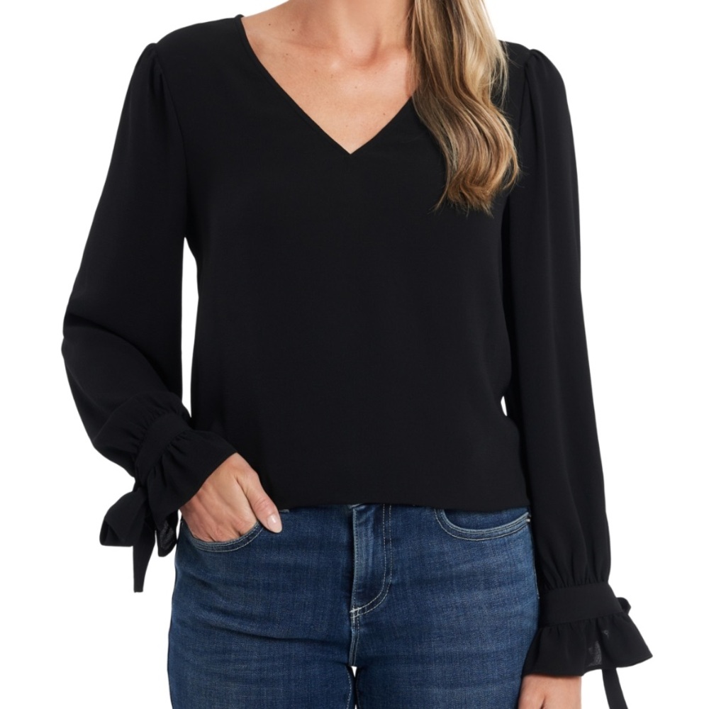 CECE Solid Long Sleeve V-neck Tie Cuff Blpuse in black